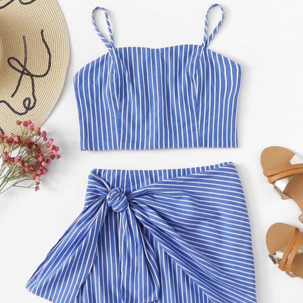 Blue pinstripe top and skirt set
